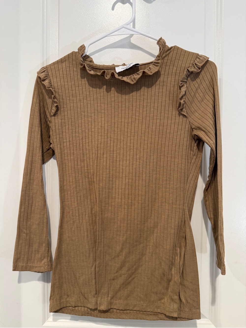 Carly Jean Los Angeles Ribbed Tan Ruffle-Trim Long Sleeve Top